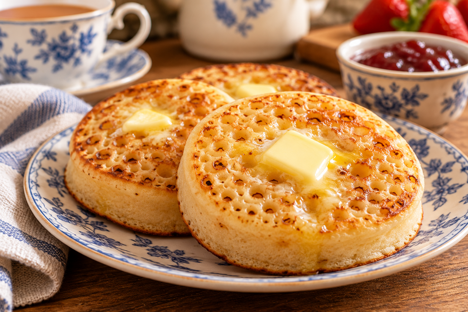 Traditional British crumpets with golden toasted tops and signature holes, served warm with melting butter on a blue-and-white plate.