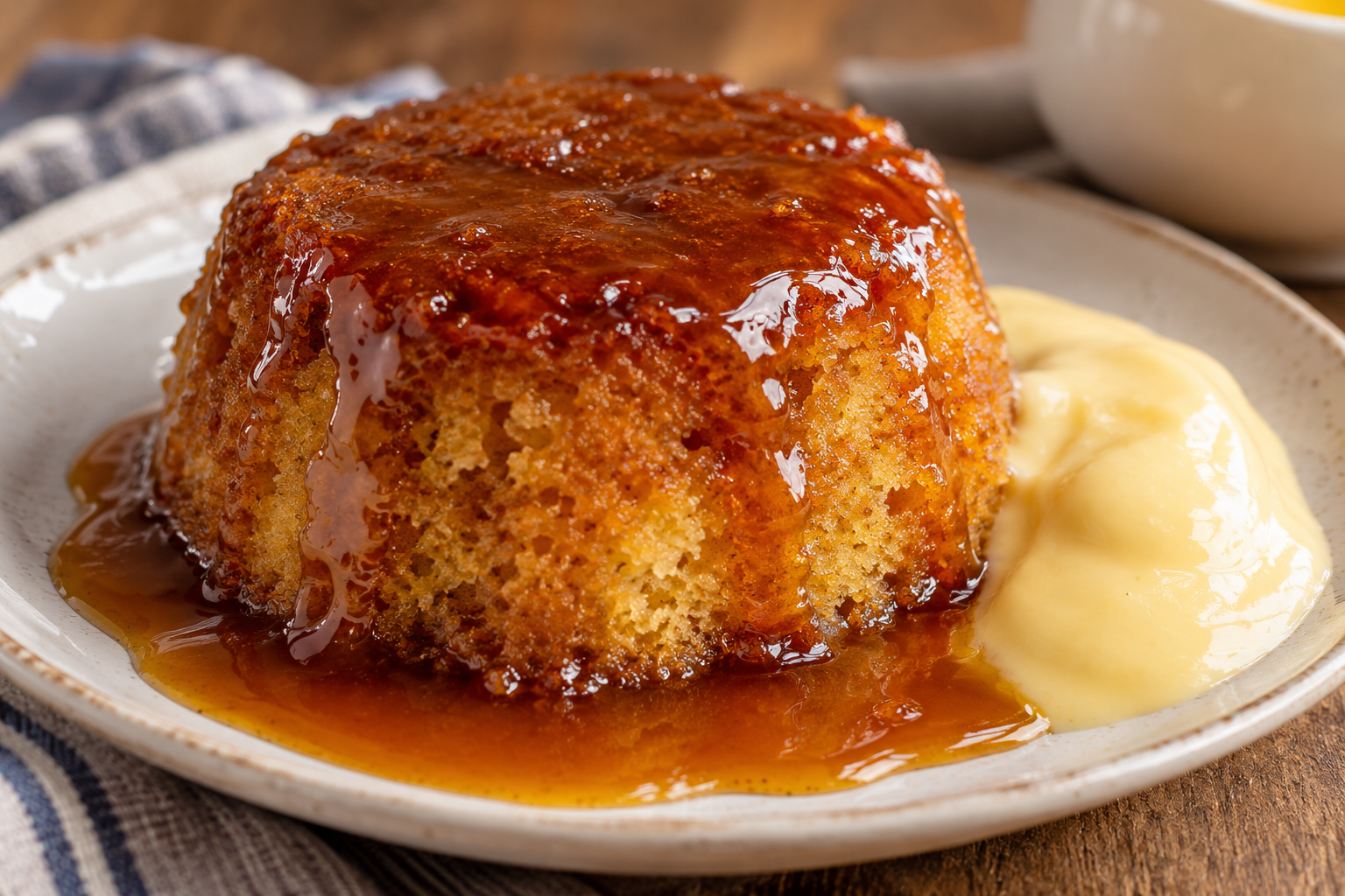 Traditional British treacle sponge pudding topped with warm golden syrup and served with custard.