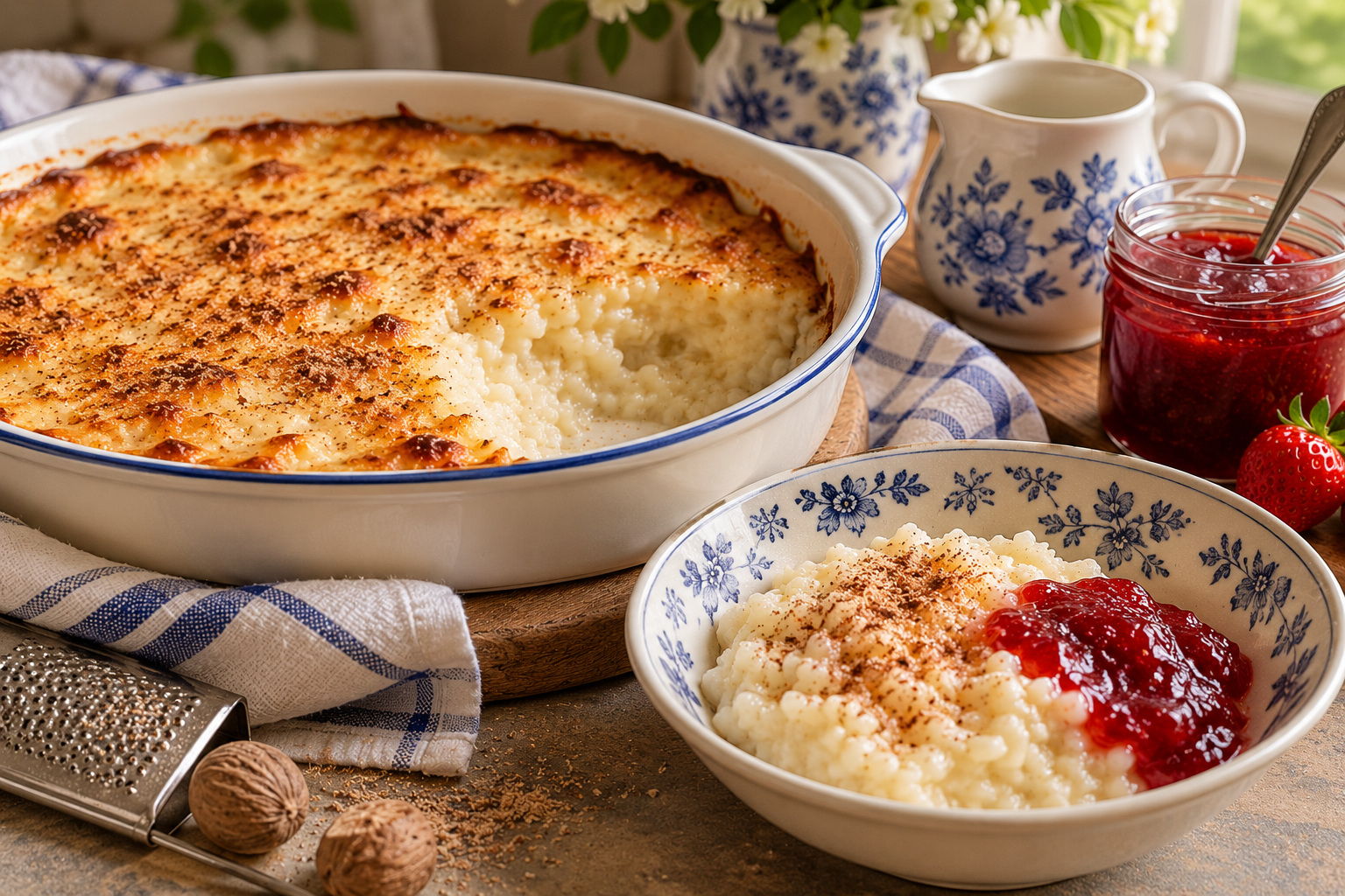 Traditional British baked rice pudding with a golden nutmeg-speckled top, served creamy in a blue-and-white bowl with homemade strawberry jam.