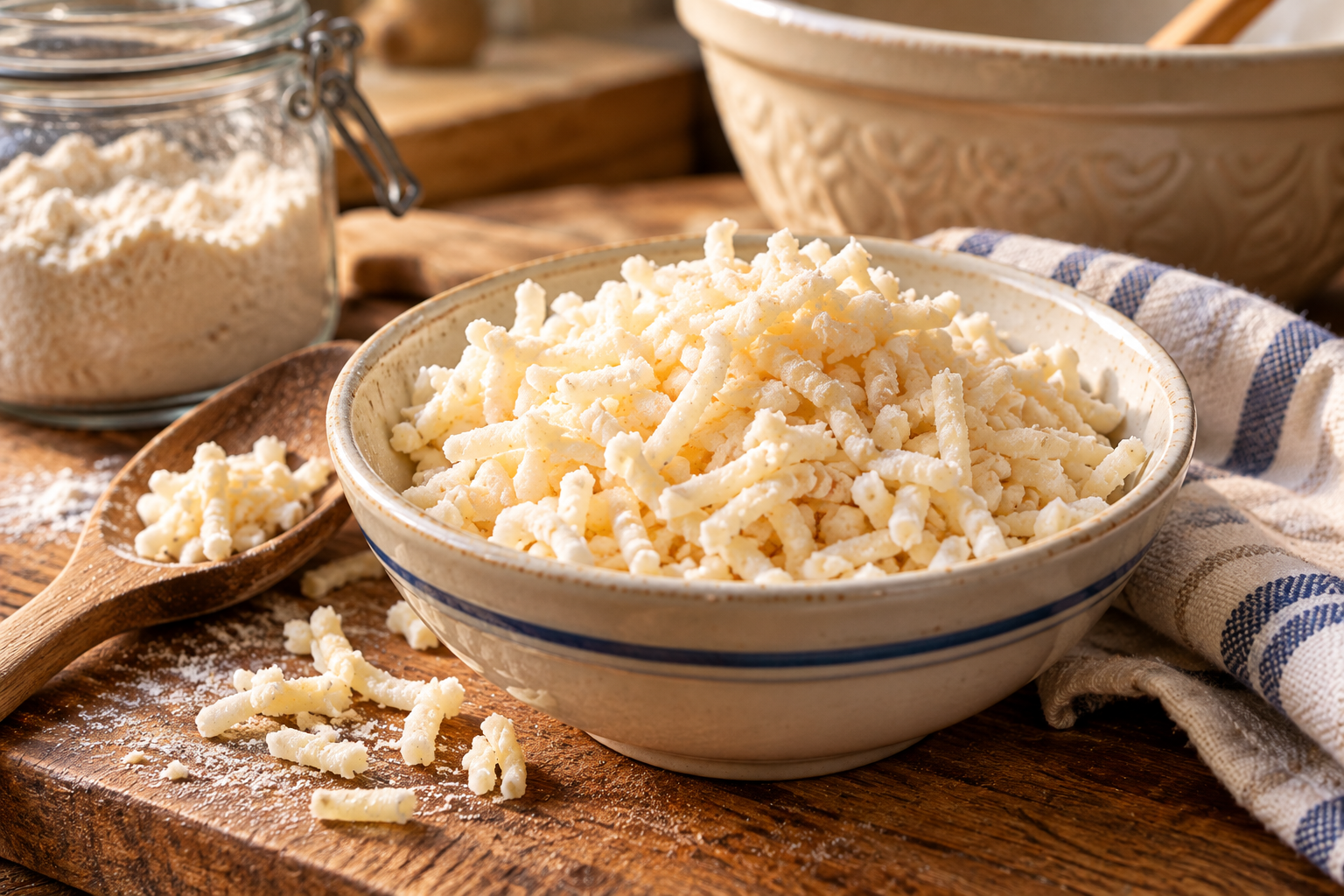 Shredded cooking suet in a cream ceramic bowl with flour and baking utensils in a warm rustic kitchen setting.