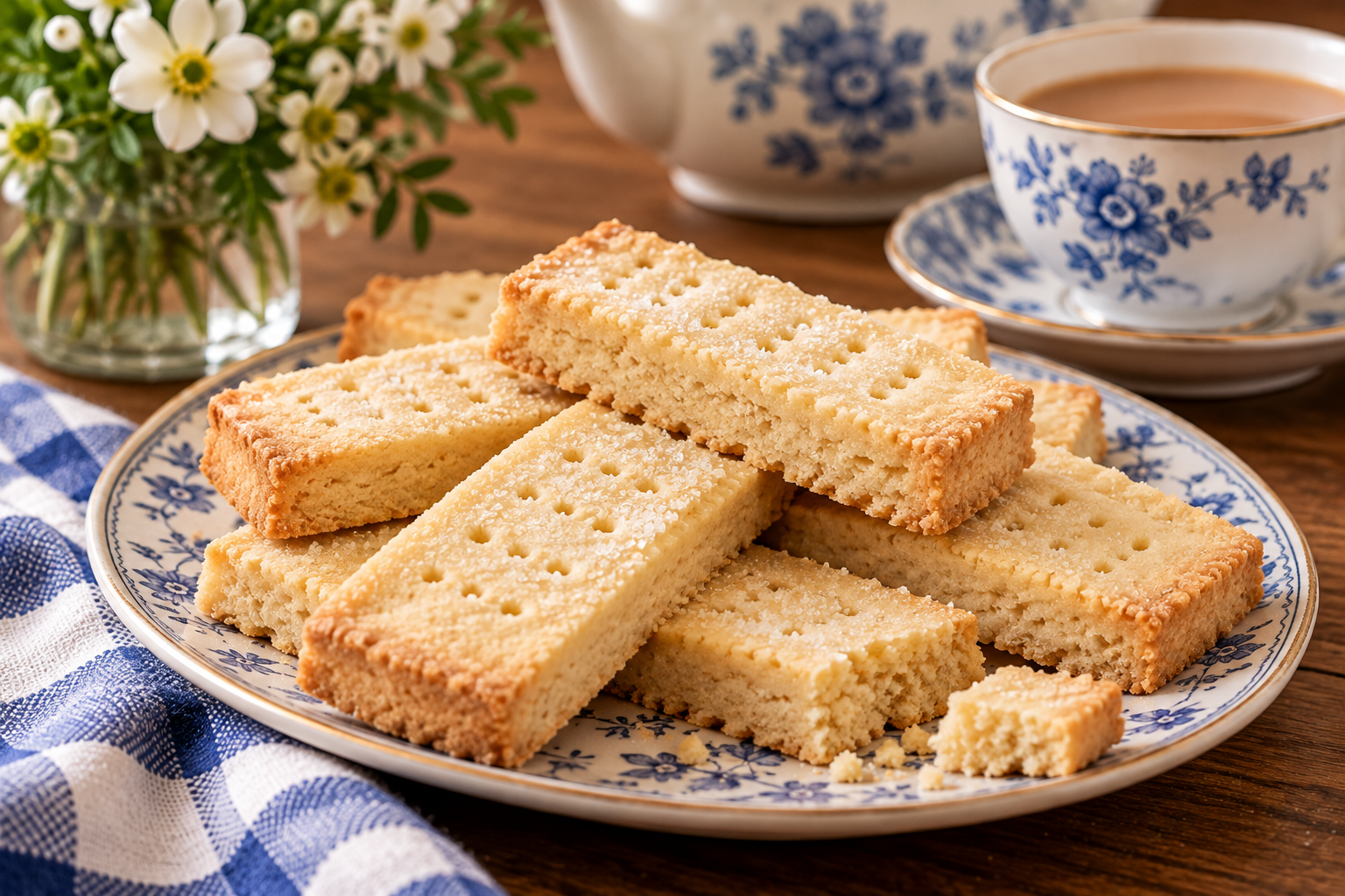 Traditional British shortbread fingers with a pale golden, crumbly texture and fork marks, served on blue-and-white china with a cup of tea.
