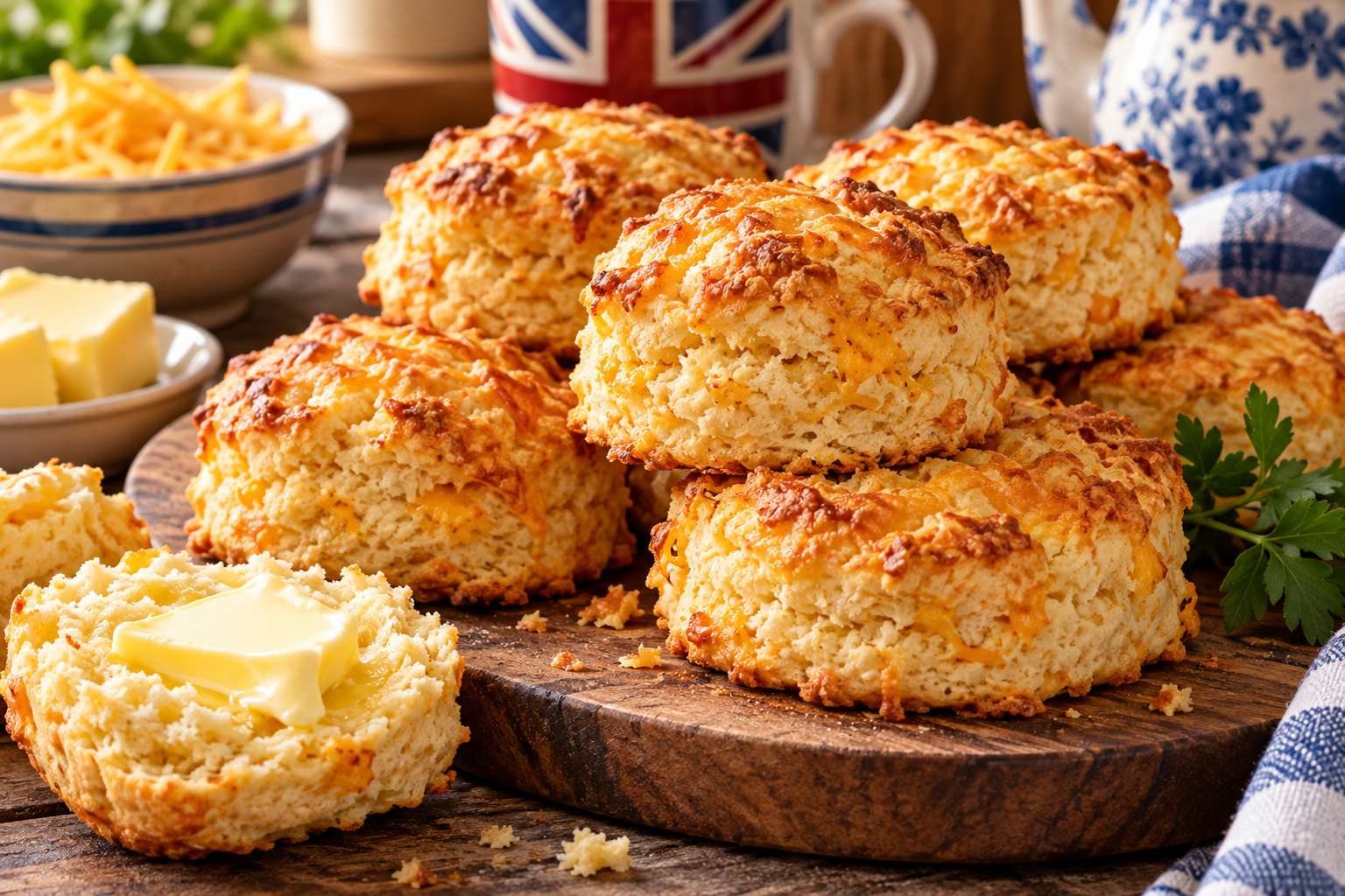 Traditional British cheese scones topped with golden Cheddar, served warm on a wooden board with a split scone and melting butter.