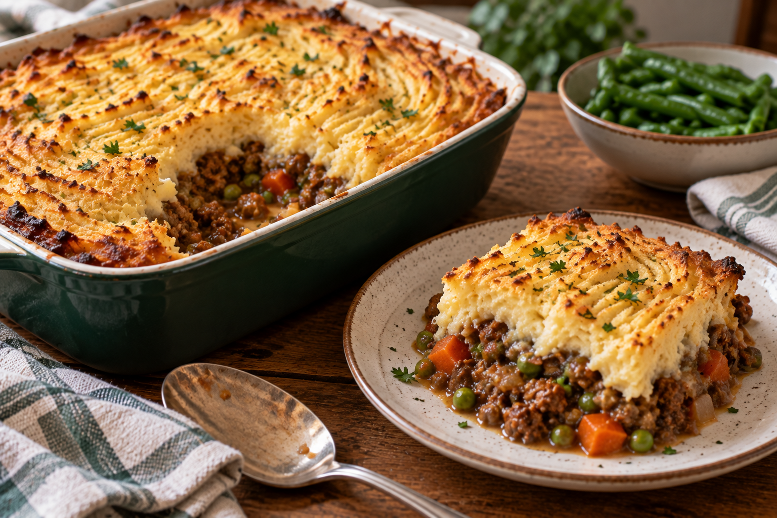 Traditional British shepherd’s pie with a savoury lamb, carrot and pea filling topped with golden mashed potatoes, served with green beans.