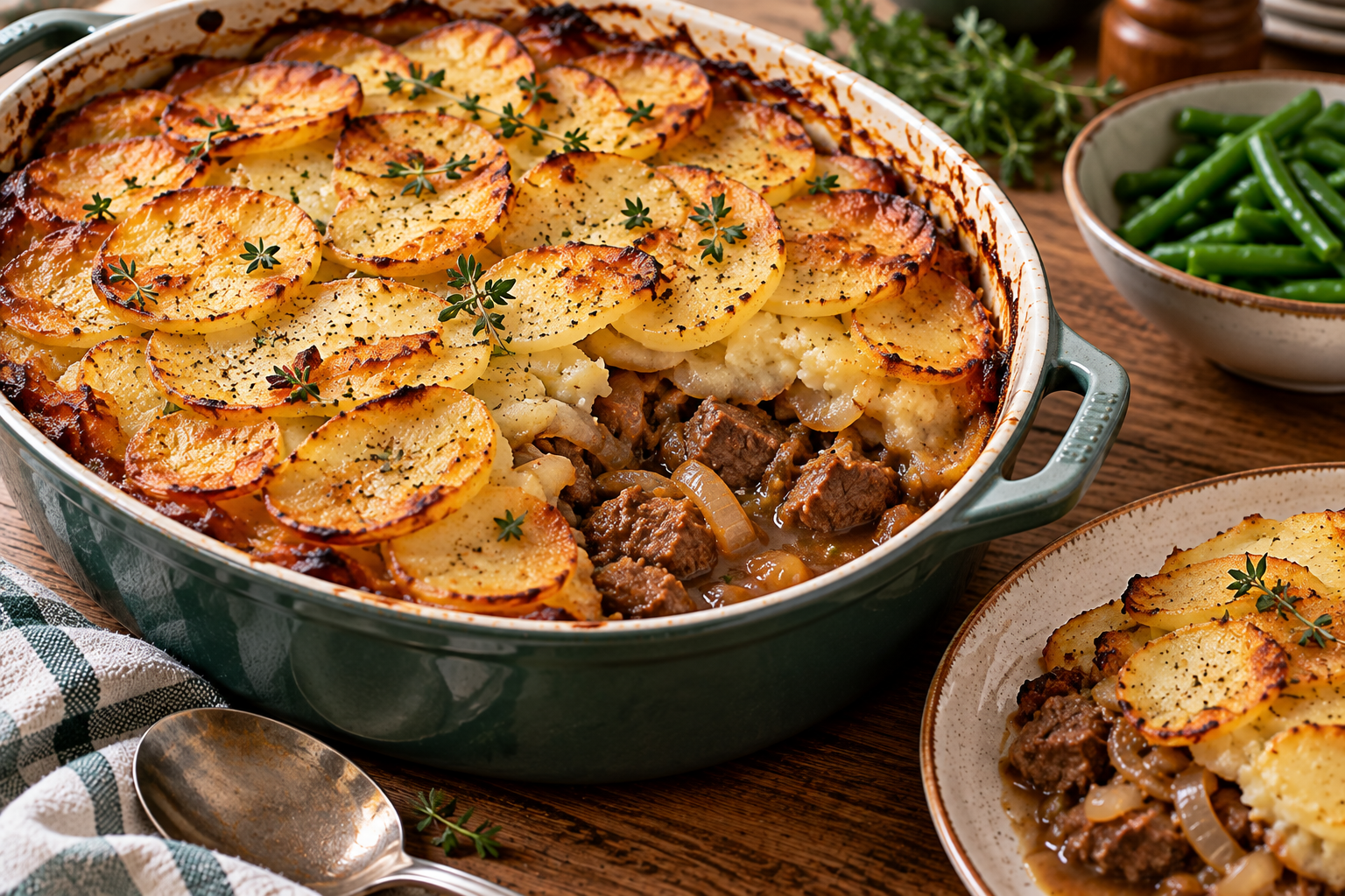 Traditional Lancashire hotpot with tender lamb and onions beneath layers of golden sliced potatoes, served from a casserole dish.