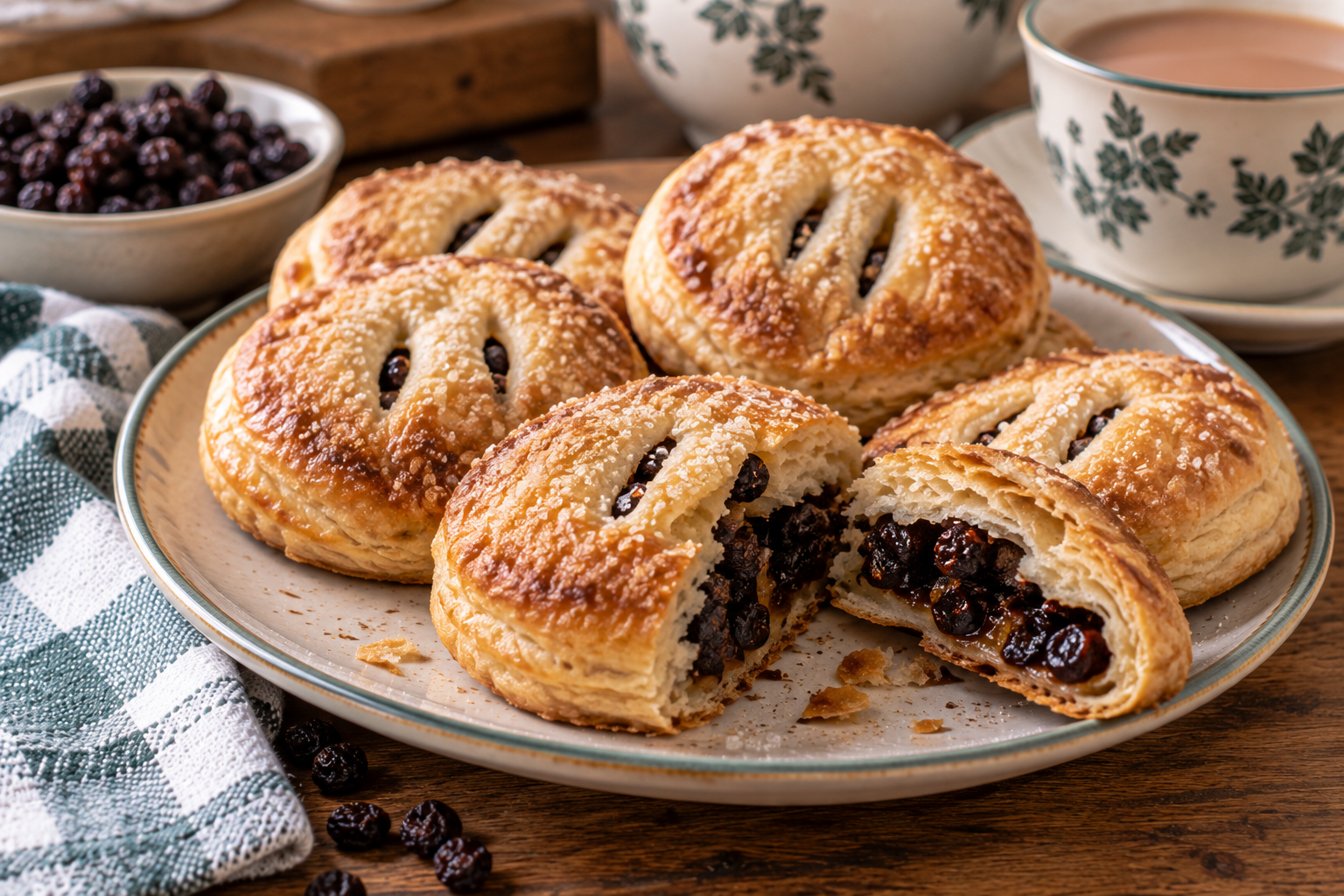 Traditional Eccles cakes with golden flaky pastry, spiced currant filling and a sugar topping, served with tea.