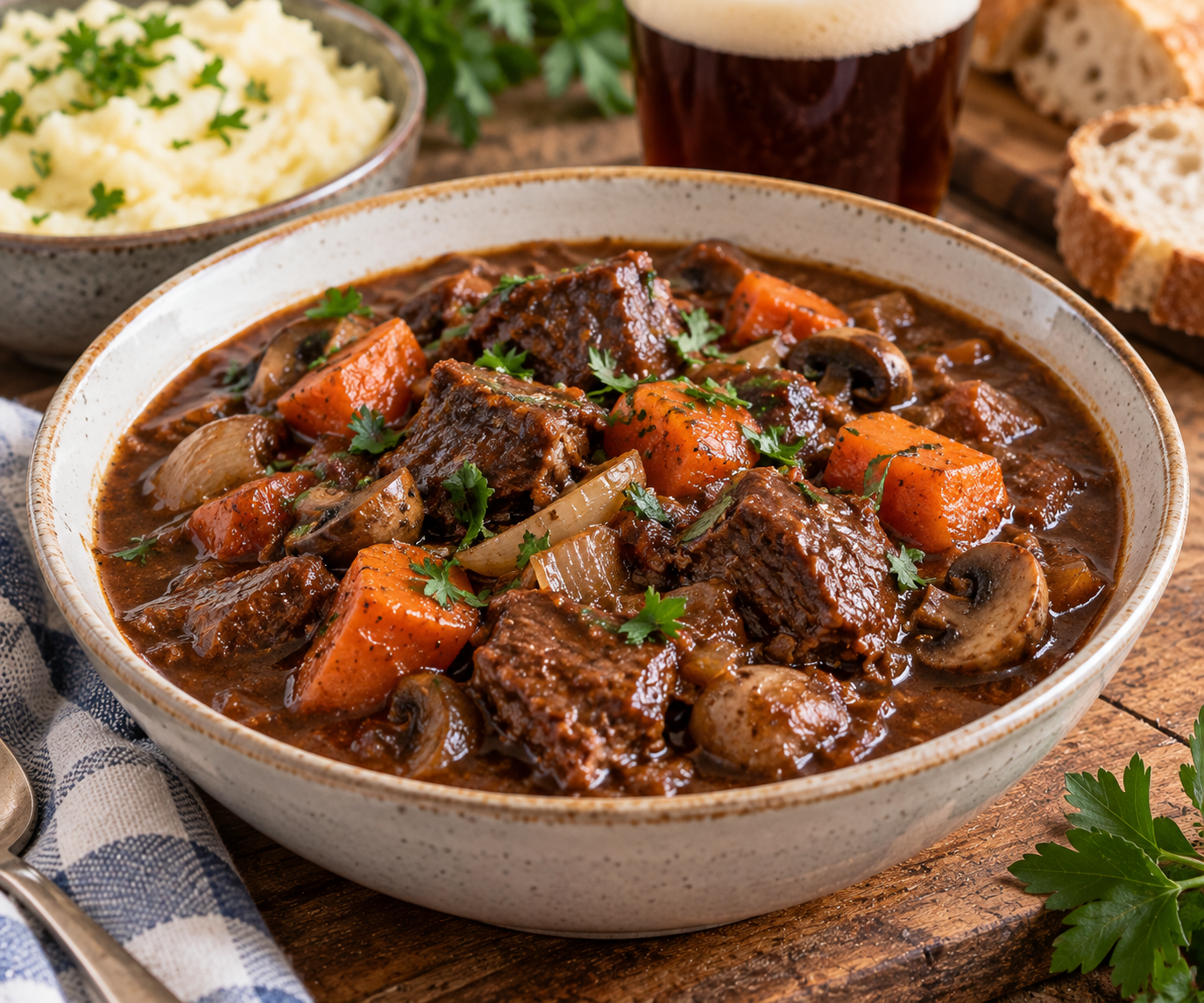 Traditional British beef and ale stew with tender chunks of beef, carrots, mushrooms and onions in a rich ale gravy, served with mashed potatoes and crusty bread.