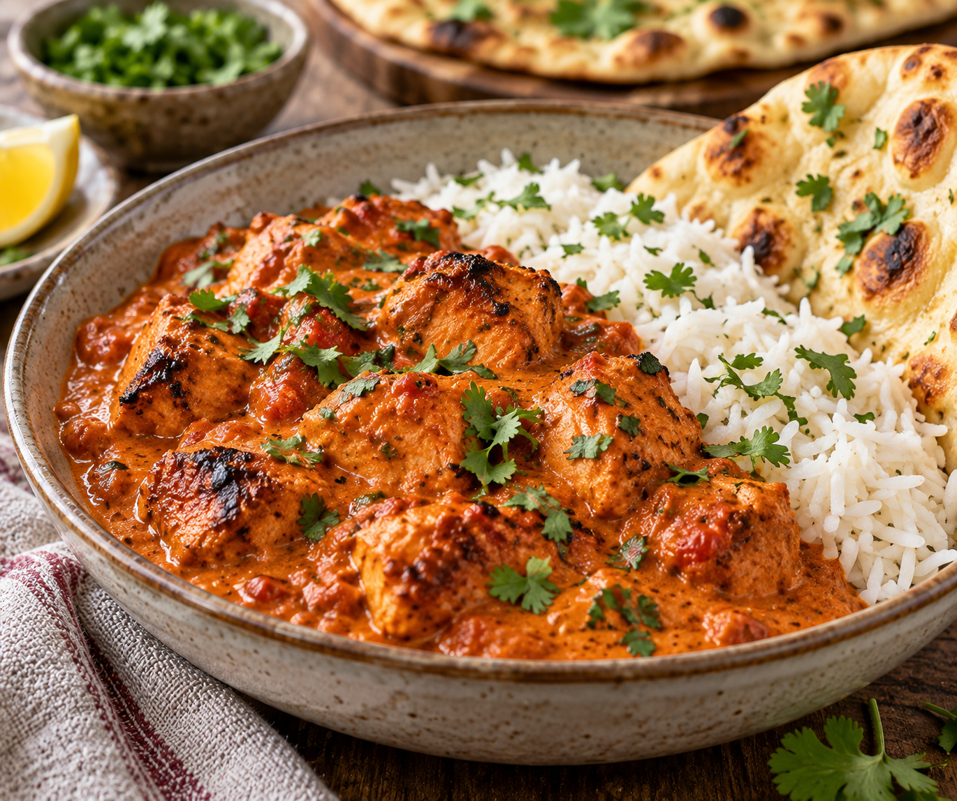 British chicken tikka masala with charred pieces of chicken in a creamy spiced tomato sauce, served with basmati rice, naan and fresh cilantro.