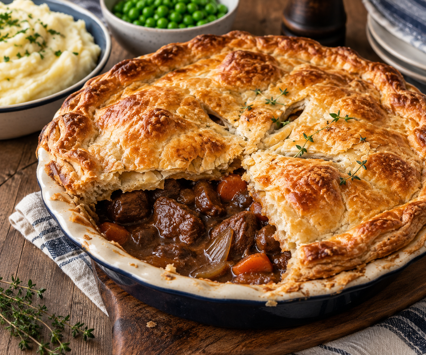 Traditional British steak and ale pie with golden puff pastry and tender chunks of beef, carrots and onions in a rich ale gravy, served with mashed potatoes and peas.