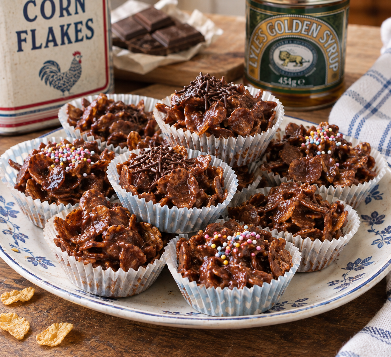 Traditional British chocolate cornflake cakes made with crunchy cornflakes coated in chocolate and golden syrup, served in paper cases with chocolate and colorful sprinkles.