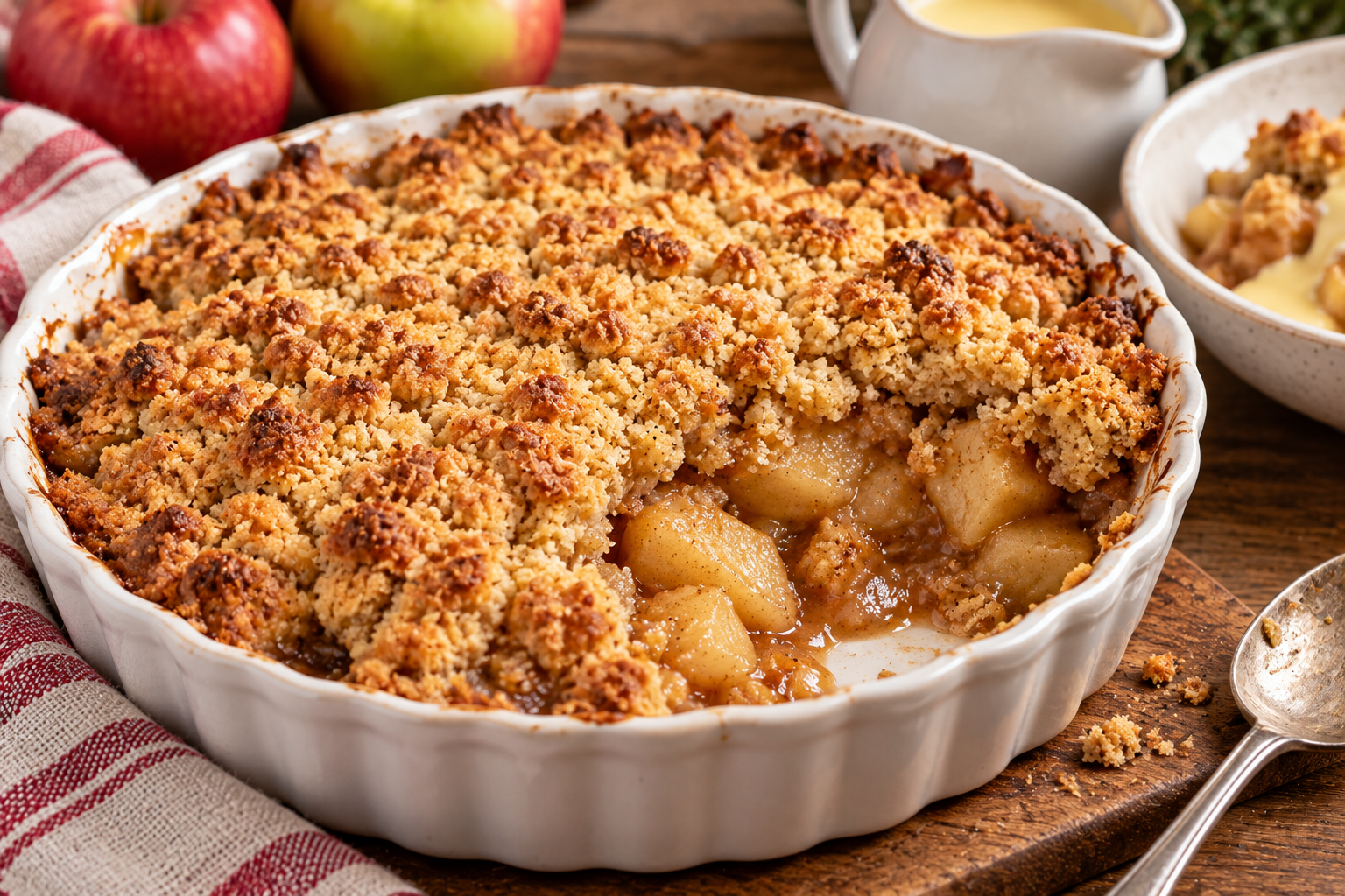 Traditional British apple crumble with tender cinnamon-spiced apples beneath a golden buttery crumble topping, served warm with custard.