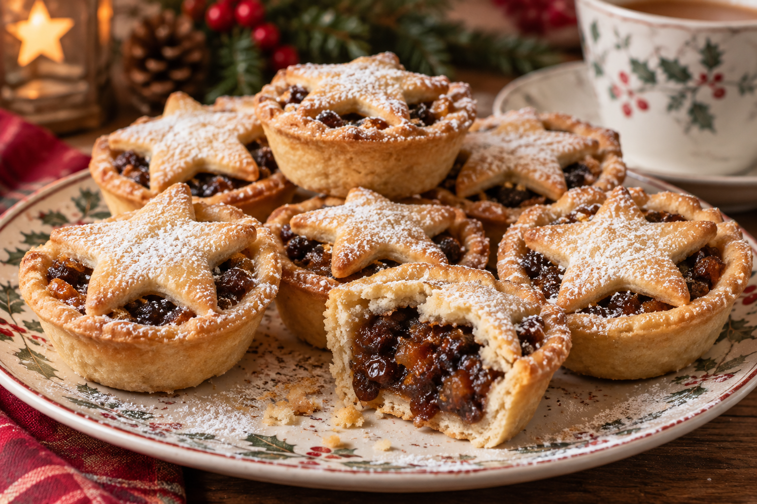 Traditional British mince pies with golden shortcrust pastry, star-shaped tops and rich spiced mincemeat filling, dusted with powdered sugar on a festive Christmas plate.