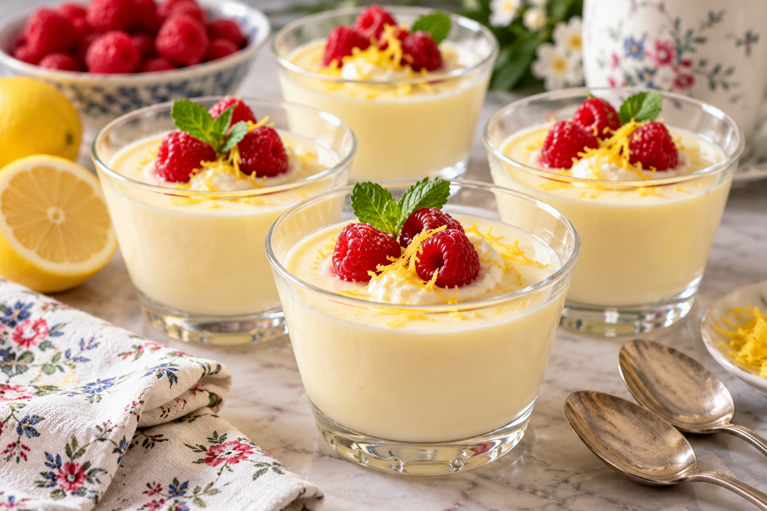 Traditional British lemon posset topped with fresh raspberries, lemon zest and mint, served in individual glass dessert cups.
