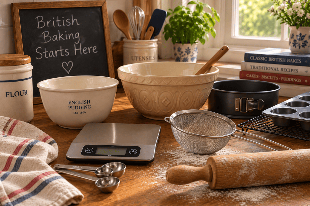 British baking tools including a kitchen scale, mixing bowls, sieve, rolling pin and baking tins