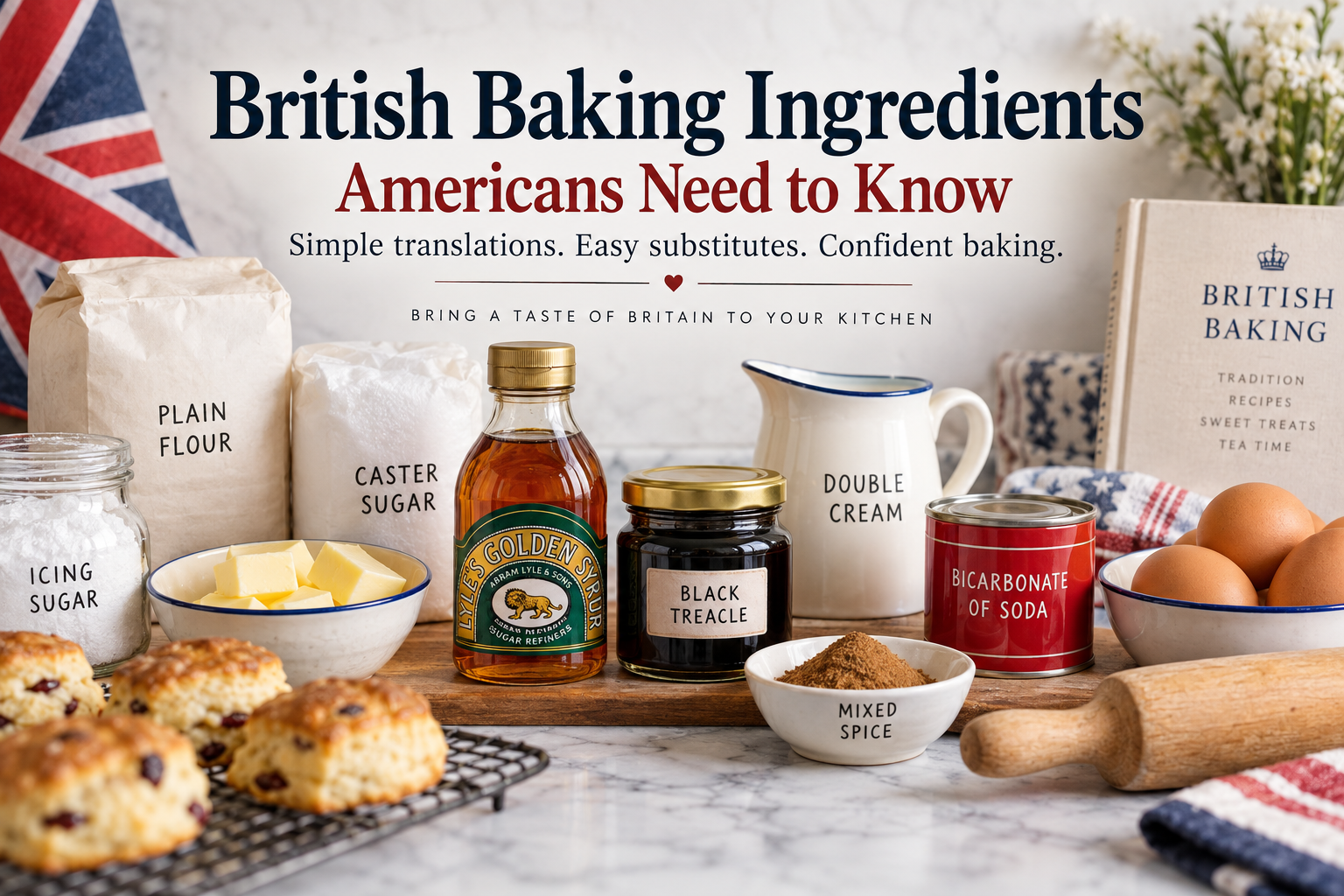 British baking ingredients including flour, caster sugar, golden syrup and spices arranged on a kitchen counter.