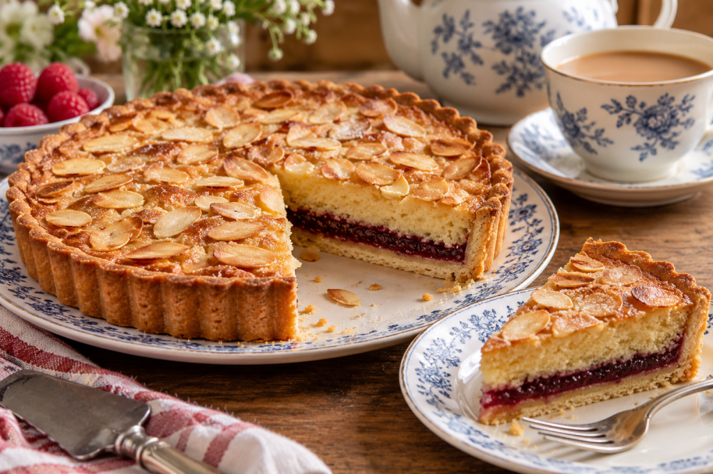 Traditional British Bakewell tart with golden sliced almonds, raspberry jam and almond frangipane in a shortcrust pastry shell, served with tea.