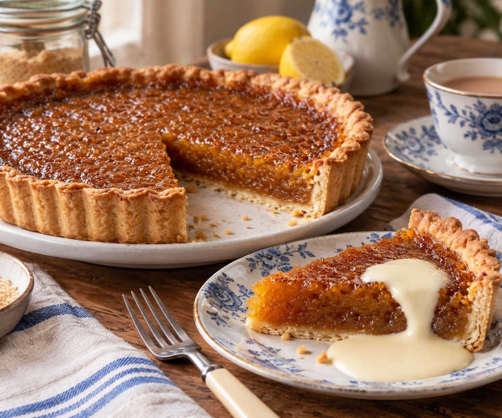 Traditional British treacle tart with a golden syrup and breadcrumb filling in shortcrust pastry, with a slice served warm with cream.