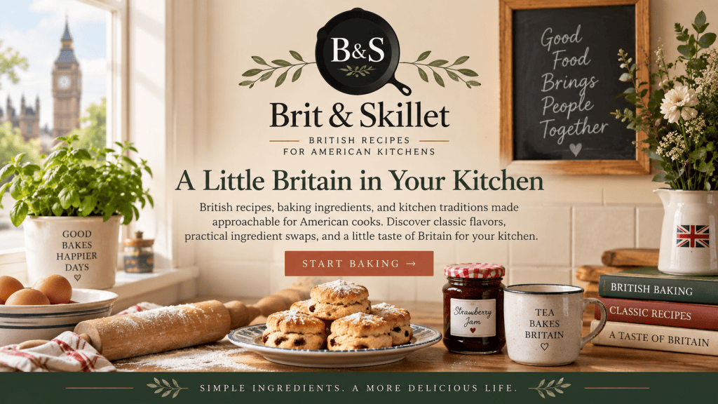 British baking kitchen with scones, jam and Brit & Skillet branding