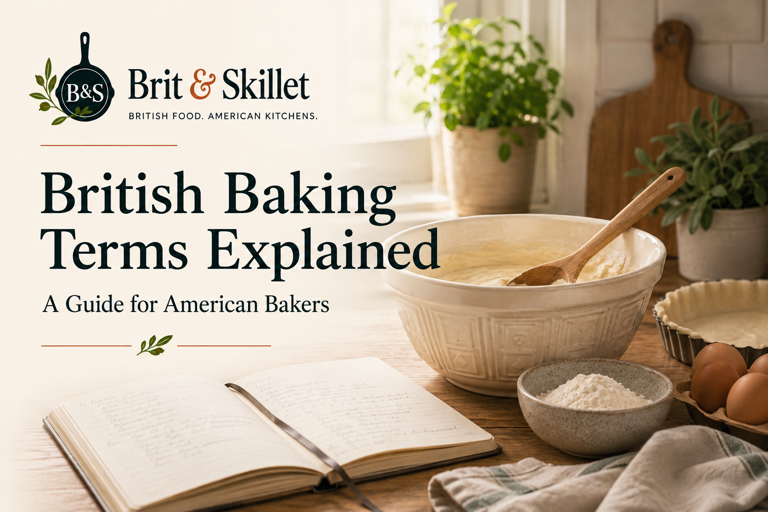 Open recipe notebook beside a bowl of cake batter, flour, eggs, and pastry, with Brit & Skillet branding.