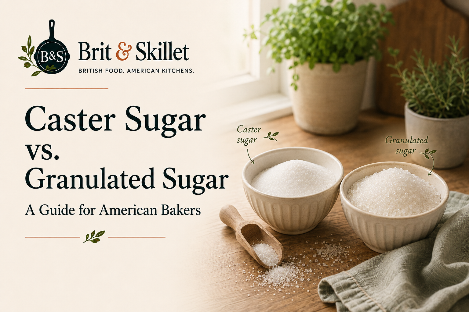 Bowls of caster sugar and granulated sugar side by side, with Brit & Skillet branding.