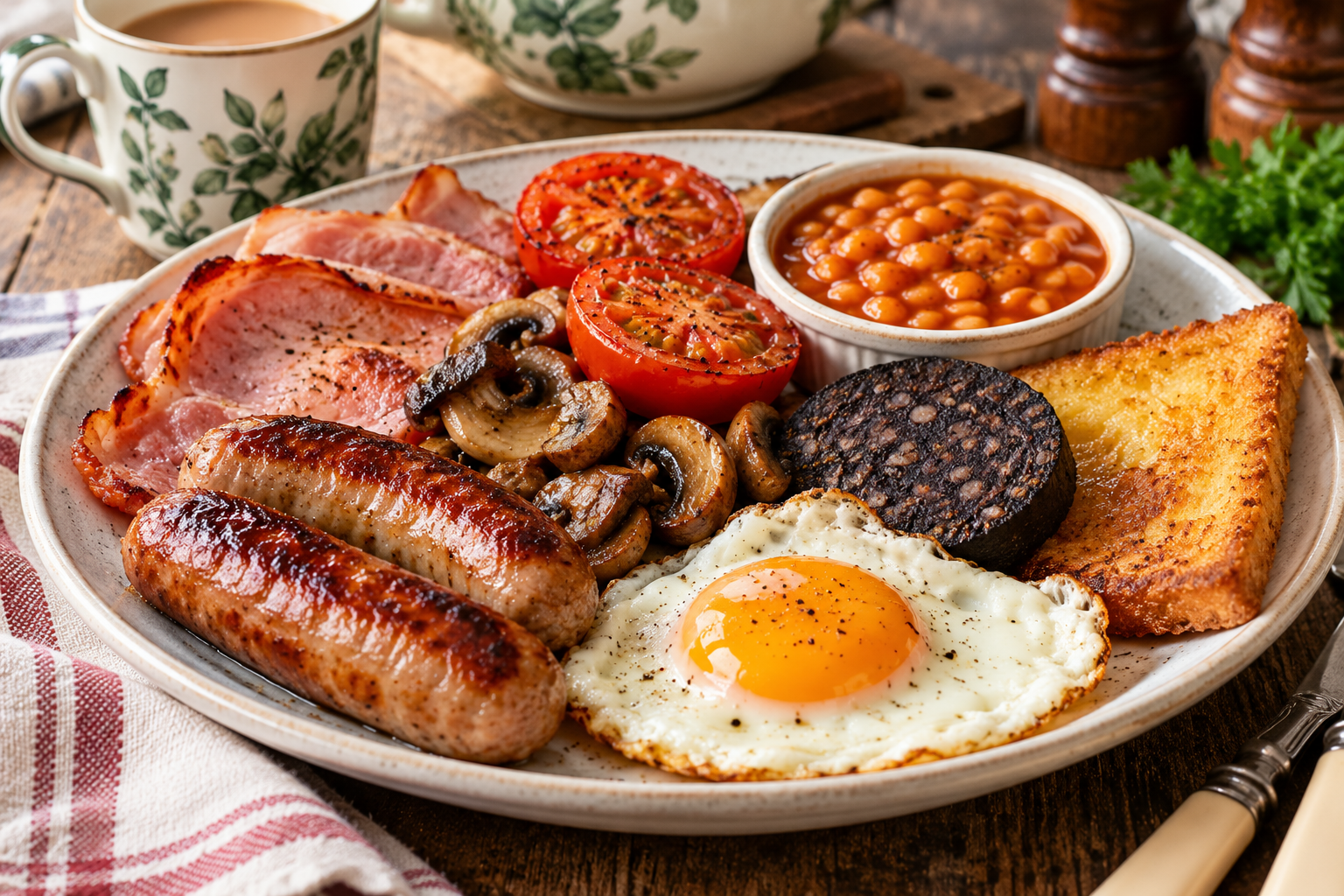 Traditional Full English breakfast with British-style sausages, back bacon, fried egg, baked beans, grilled tomatoes, sautéed mushrooms, black pudding, and golden fried bread on a rustic plate.