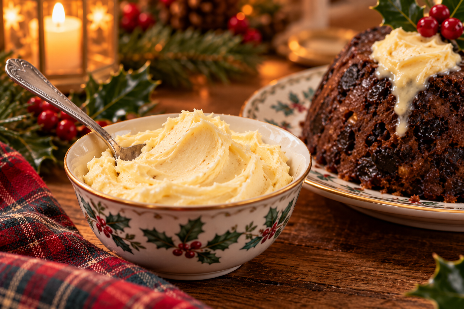 Homemade brandy butter in a festive bowl beside traditional British Christmas pudding, ready to serve for Christmas.