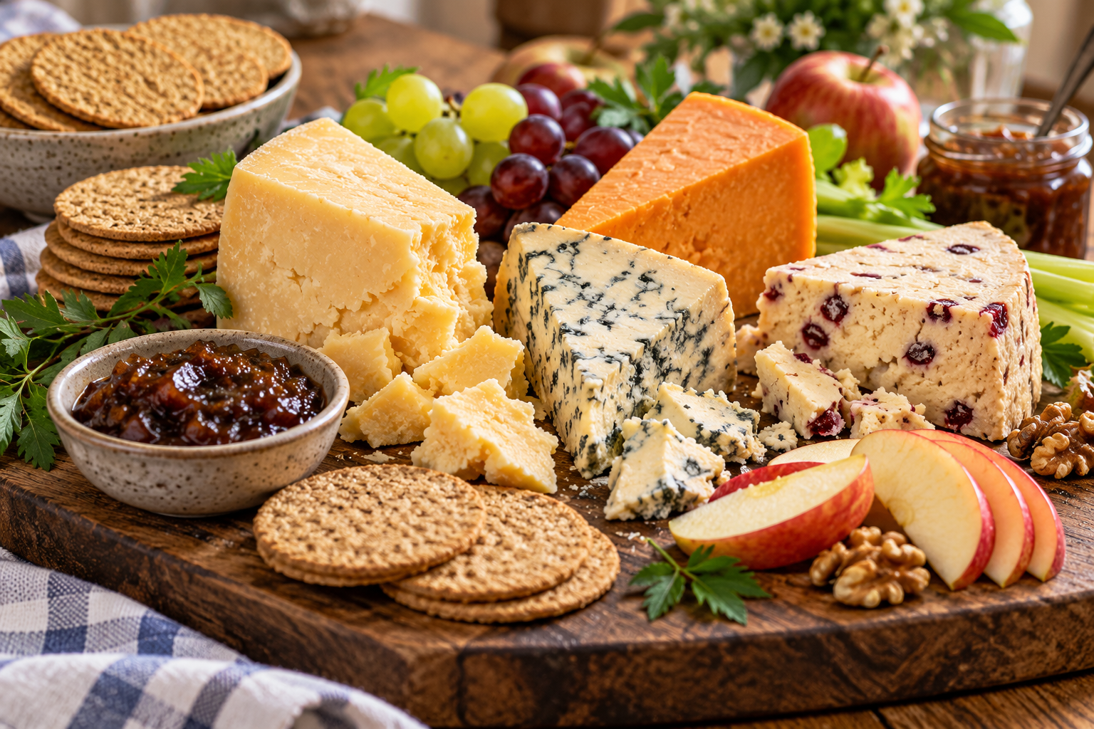 Traditional British cheeseboard with mature Cheddar, blue Stilton-style cheese, orange cheese and cranberry cheese, served with oatcakes, apple slices, grapes, walnuts and chutney on a rustic wooden board.