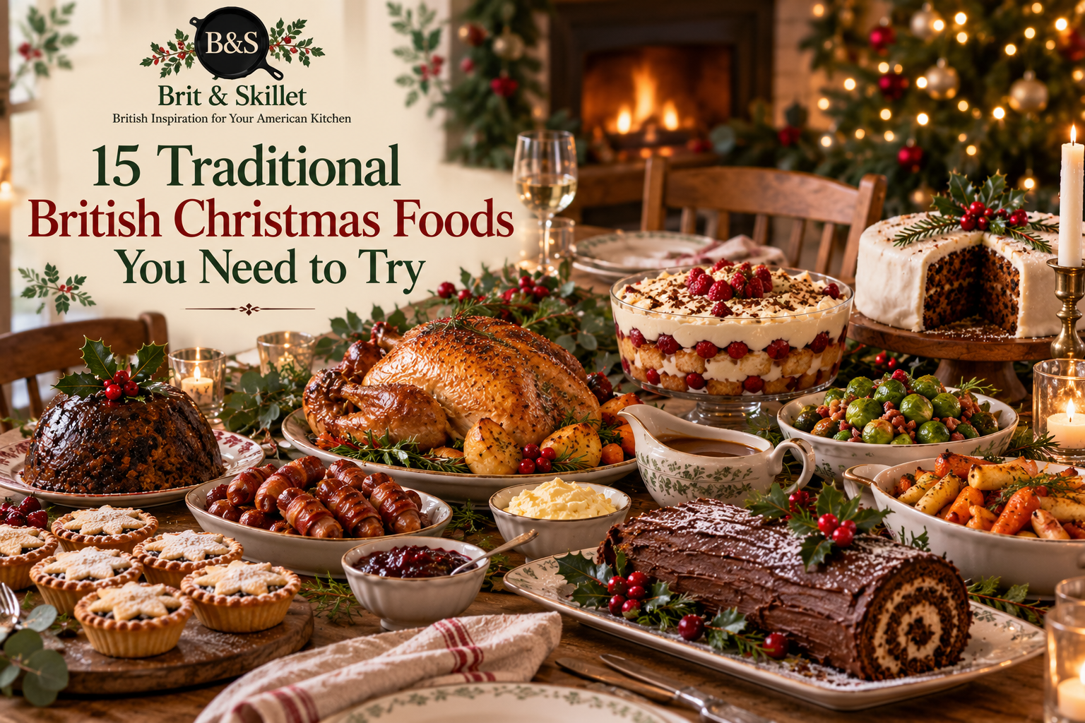 Traditional British Christmas foods displayed on a festive dining table, including roast turkey, Christmas pudding, mince pies, Christmas cake, chocolate Yule log, pigs in blankets, trifle, roast vegetables and gravy.