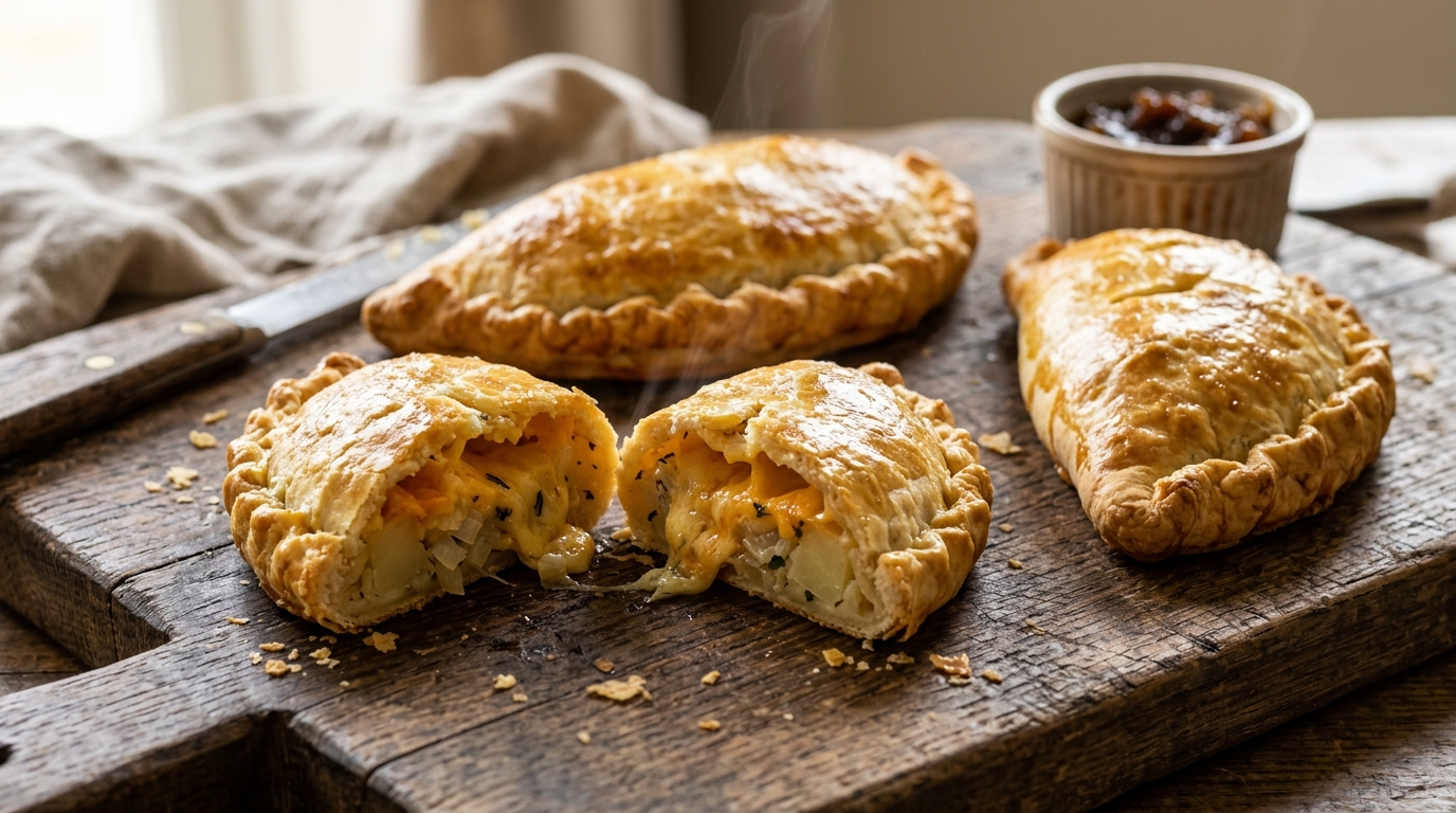 Traditional British cheese and onion pasties with golden pastry, one cut open to reveal a filling of potatoes, melted Cheddar cheese and onions, served on a rustic wooden board.